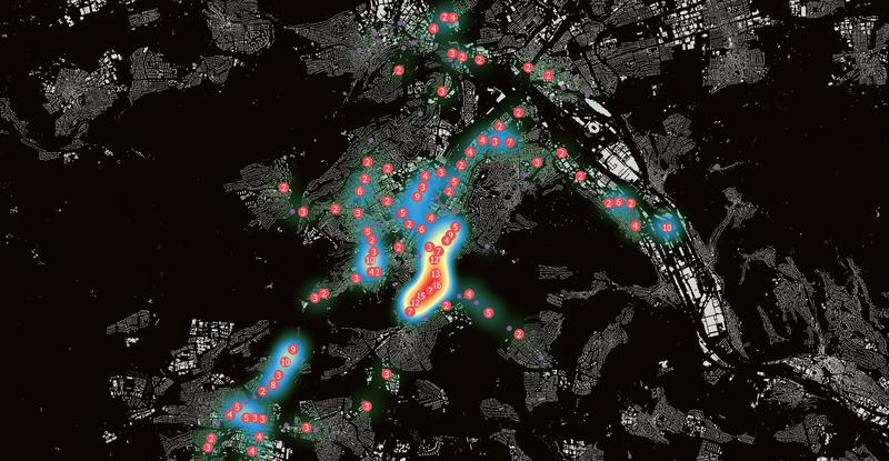 Velo-Stress: Mit dem „OpenBikeSensor“ gemessene Situationen, in denen Radfahrer von PKWs mit einem Abstand von weniger als 1,5 Metern überholt worden sind. (Bild: Peter Zeile, KIT)