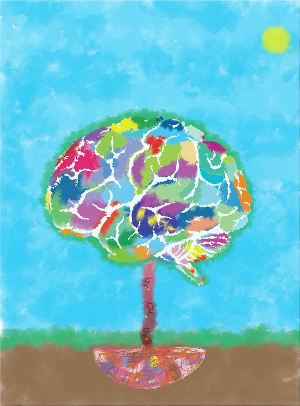 Das Bild zeigt die Plazenta im Boden, die den Gehirn-Baum mit Serotonin versorgt und dem Gehirn so beim Wachstum hilft. 