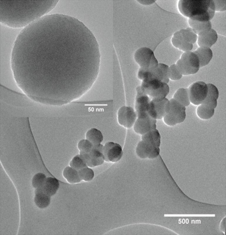Amorphous silicon/carbon particles (image taken by transmission electron microscope). 