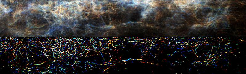 Atomare Wasserstoffemission eines Ausschnitts aus der THOR-Durchmusterung (oben) und zugehörige fadenförmige Strukturen um das Magdalena-Filament (unten).