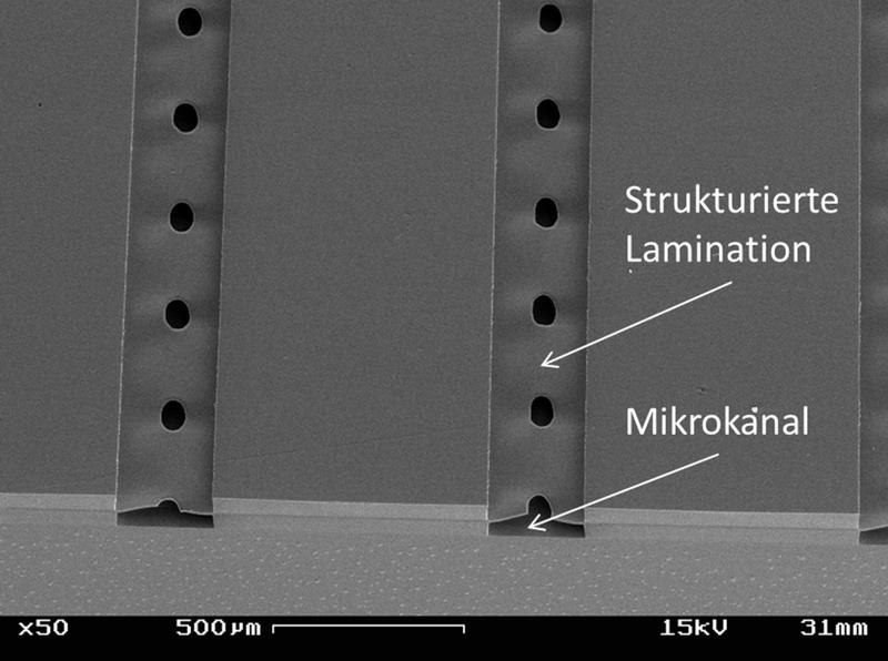 Mit dem Verfahren kann auf eine Schicht noch eine weitere auflaminiert werden, um beispielsweise zwei Kanäle übereinander zu erhalten. Das mikrofluidische Bauteil lässt sich dann z.B. als Mischer oder Filter einsetzen.