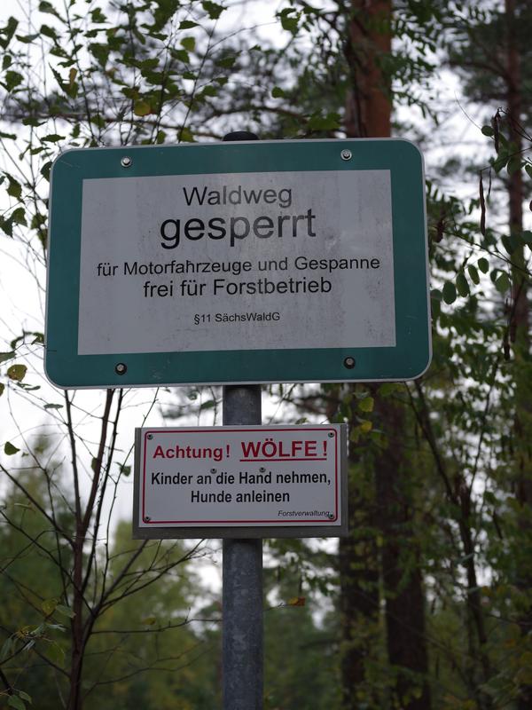 Hinweisschild im Gelände über die Anwesenheit des Wolfes und Verhaltensregeln