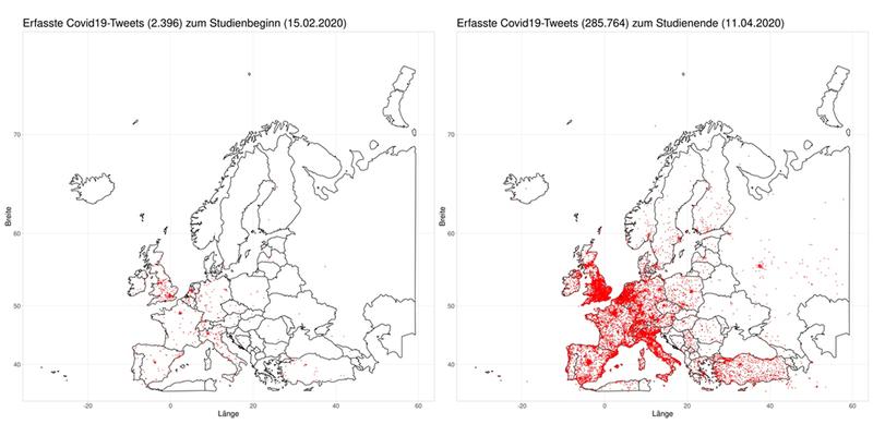 Die erfassten Covid-19-Tweets am Anfang und am Ende der Studie.