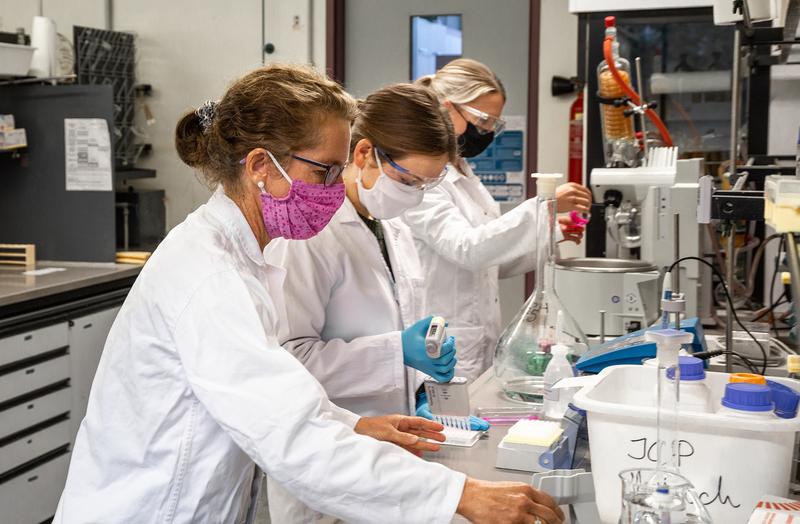 Prof. Dr. Antje Baeumner (links im Bild) mit ihren Mitarbeiterinnen im Labor