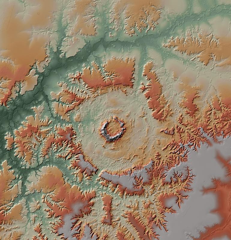 Physical map of the Serra da Cangalha, Brazil, impact structure, produced using the TanDEM-X mission digital elevation model.