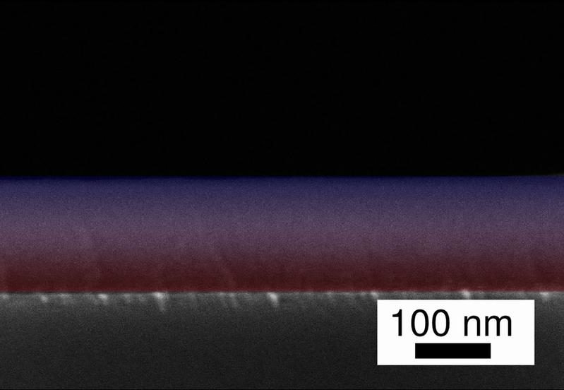 In einem aufwendigen Verfahren wurden zwei Kunststoffe auf der Nanoskala ineinanderfließend miteinander verbunden: Die Querschnittsaufnahme aus einem Rasterelektronenmikroskop zeigt den Übergang von PV3D3 (rot) zu PTFE (Teflon, blau).