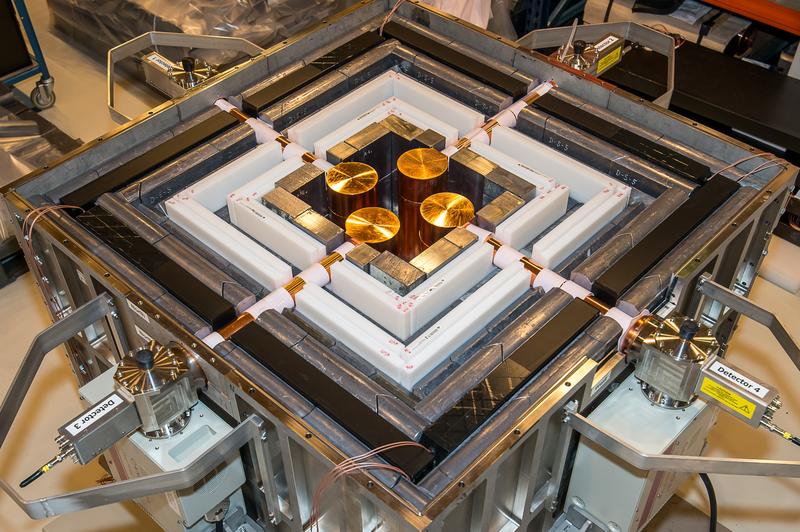 The four germanium detectors of CONUS in the partially open shielding.