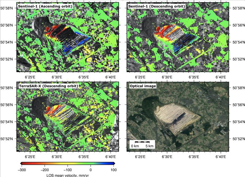 Mittlere Deformationsraten über dem Tagebau Hambach, die aus den Daten verschiedener SAR-Satelliten ermittelt wurden. Negative und positive Werte entsprechen Senkungen bzw. Hebungen.