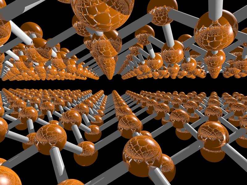 Auf Hochleistungsrechnern modellierte zweischichtige Bienenwabenstruktur aus blauem Phosphor.