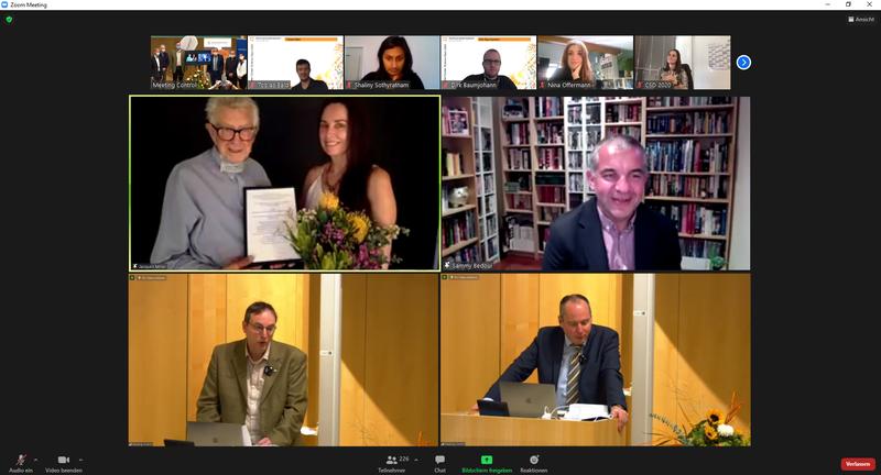 Honorary doctorate via "Zoom" Top left: Jacques Miller received the certificate from Robyn Slattery. Sammy Bedoui (top right) and Christian Kurts (bottom left) gave the laudation. Below right: Dean Bernd Weber.