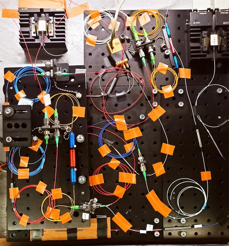 Experimenteller Aufbau der dendritischen Komponenten von ADOPD bestehen aus Lichtleiterstrecken (aufgerollt), Verbindern (silbern) und optischen Rechenkomponenten (farbig, bzw. schwarz).