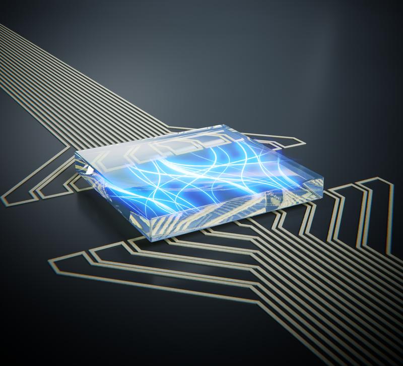 Ein Diamantchip mit einer Schicht Nitrogen-Vacancy-Zentren, die 20nm unter seiner Oberfläche implantiert wurden, wird auf einen ultradünnen magnetischen Film gelegt. Die NV-Zentren entdecken die Magnetfelder der angeregten Spinwellen.