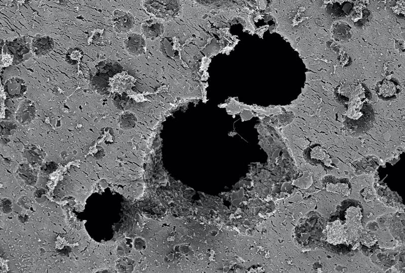 Electron microscope image of holes (black) in plastic caused by bacterial degradation