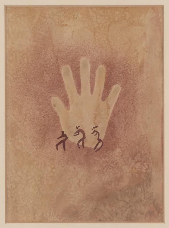 Elisabeth Charlotte Pauli, „Hand mit drei kleinen Figuren“, abgezeichnet 1933 in Wadi Sura, ägyptische Sahara. 
