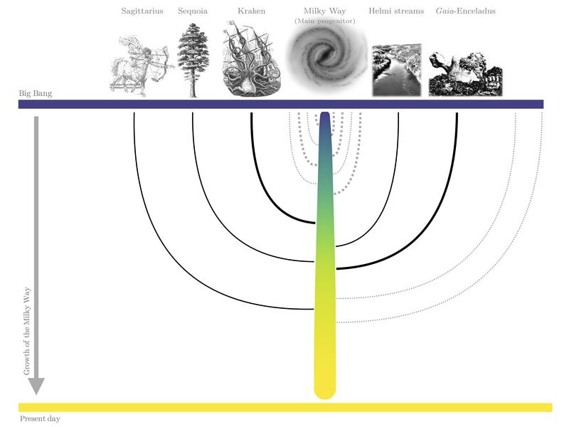 Family tree of the Milky Way. The main progenitor of the Milky Way is denoted by the trunk of the tree, coloured by stellar mass. Black lines indicate the five identified galaxies. 