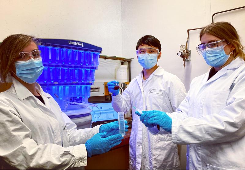 Adelina Kopp, Jun Wun und Julia Vera Pöhlmann (von links nach rechts) synthetisieren bioaktive Peptide mit einem automatisierten Peptidsynthesizer für die selektive Modifizierung von Tryptophanen.