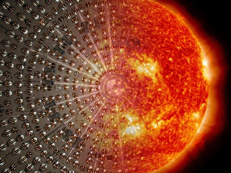 Die Bildkombination zeigt den Borexino-Detektor in Verbindung mit der Sonne.