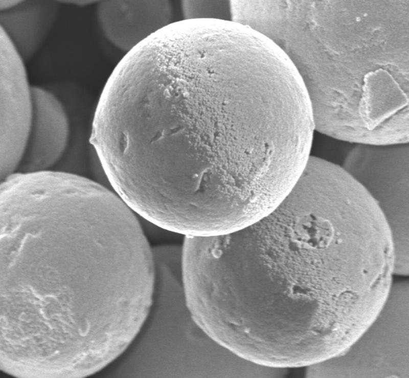 Janus particles under the electron microscope. The titanium dioxide microswimmers are barely larger than one micrometer.