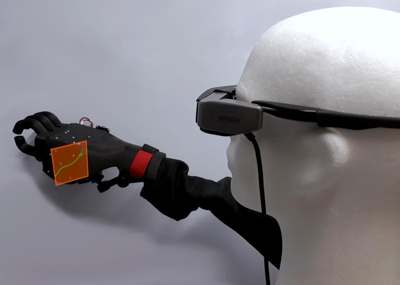 Mithilfe leichter Kopfbewegungen werden über die virtuelle Steuerfläche Bewegungen der motorisierten Handprothese ausgelöst.
