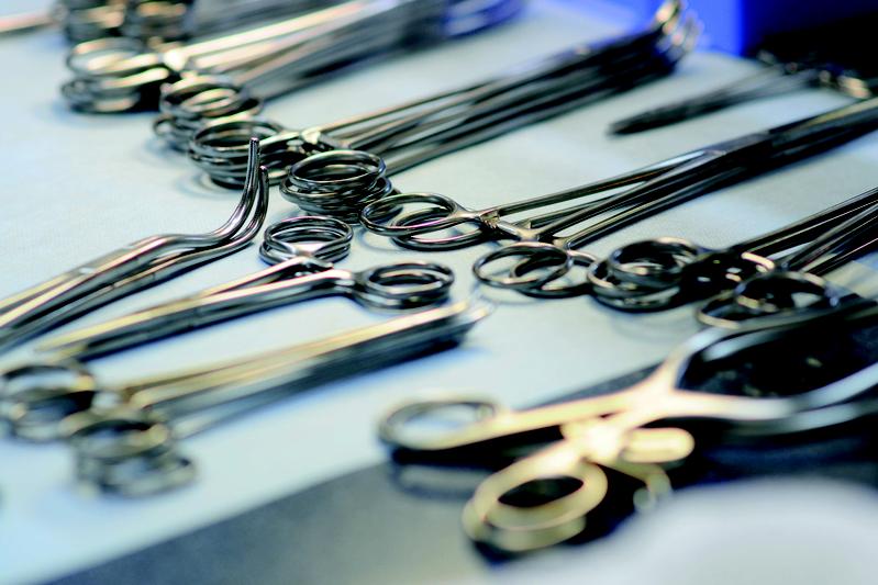 A surgical instrument tray can contain up to 160 scalpels, scissors, clamps and other tools.