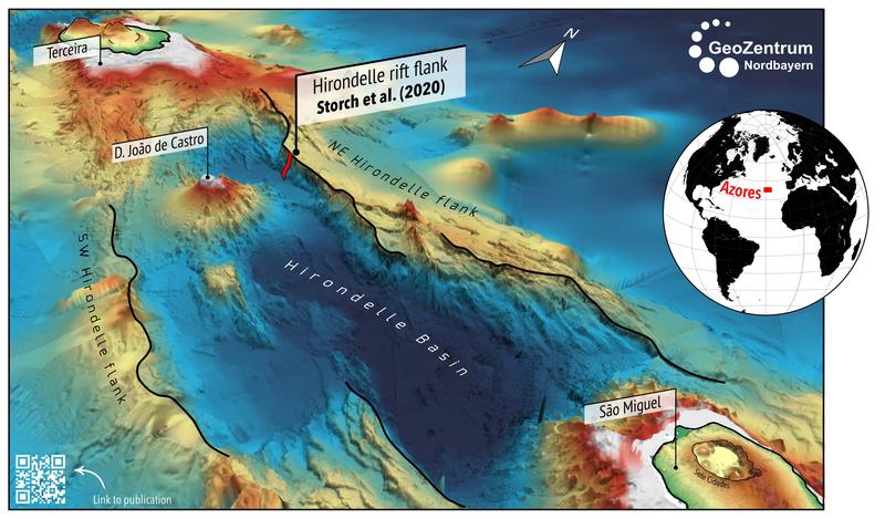 Dreidimensionale Karte des jungen submarinen Dehnungsbeckens des Hirondelle Basin mit dem jungen Vulkan Joao de Castro und den Vulkaninseln Terceira und Sao Miguel in den Azoren, Atlantischer Ozean.