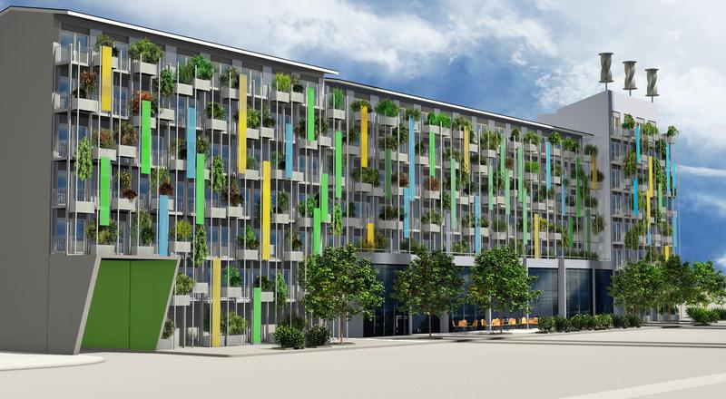 Im Projekt „BiFlow“ wird das Studierendenwohnhaus STAGE76 in Bruchsal mit einem innovativen Energiespeicher ausgestattet, der die Bewohner mit Wärme und Strom versorgt. (Grafik: artbox, Bruchsal) 
