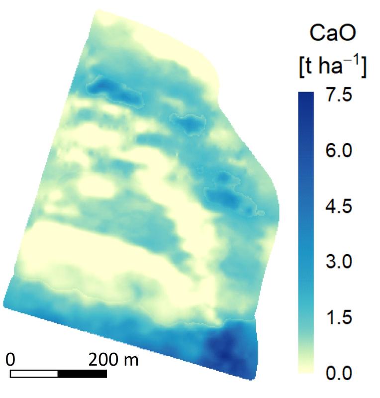 Map of lime requirement at the site Komturei Lietzen: Dark blue areas indicate an increased, yellow areas no lime demand 