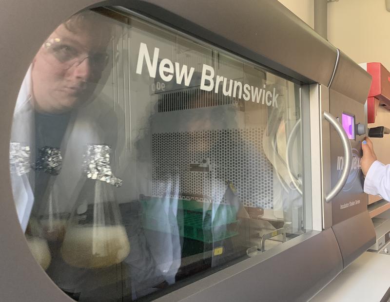 PhD student Jan-Ole Moritz in front of the incubator shaker in the S1 laboratory at the Leibniz Institute for Catalysis.