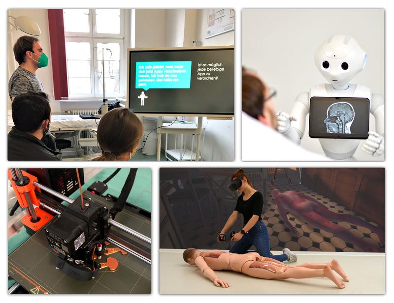 Die Collage zeigt die vier Stationen des Digitalisierungs-Curriculums: obere Reihe (v.l.) Gesundheits-Apps und Robotik, untere Reihe (v.l.): 3-D-Druck und Virtual Reality/Augmented Reality (VR/AR). 