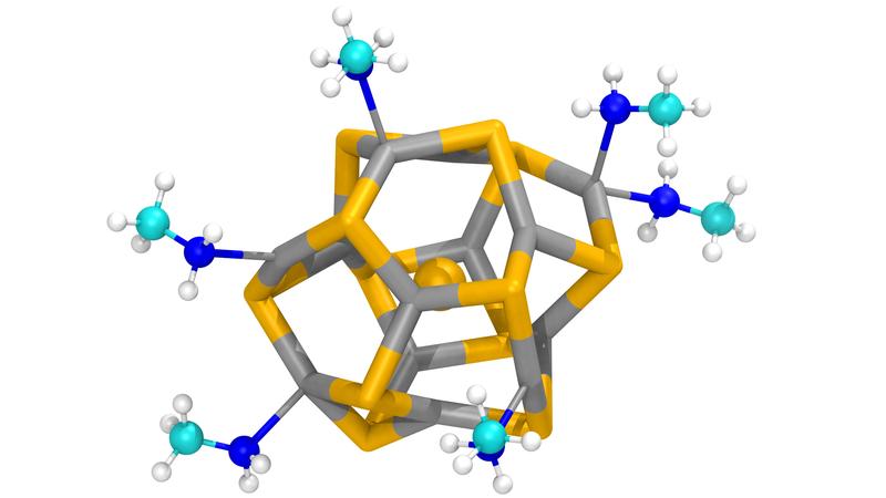 Modell eines (CdSe)13-Clusters, umgeben von organischen Molekülen