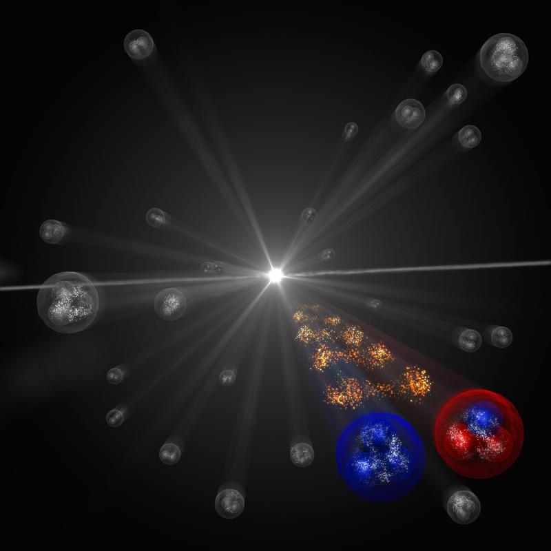 Aus Kollisionsdaten des ALICE-Detektors ist es gelungen, unter anderem die starke Wechselwirkung zwischen einem Proton (rechts) und dem seltensten der Hyperonen, dem Omega-Hyperon (links), das drei seltsame Quarks enthält, mit hoher Präzision zu messen. 
