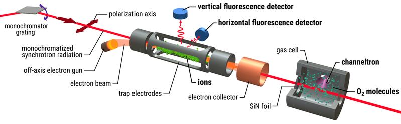 Simultaneous measurements of fluorescence spectra of highly charged ions in an EBIT and absorption spectra of molecular gases in a separated gas cell downstream. Monochromatic synchrotron radiation passes through both the ion trap and the gas cell.