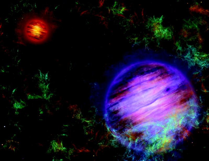 Artist's composition of the two brown dwarfs, in the foreground Oph 98B in purple, in the background Oph 98A in red. The two objects are surrounded by the molecular cloud in which they were formed.