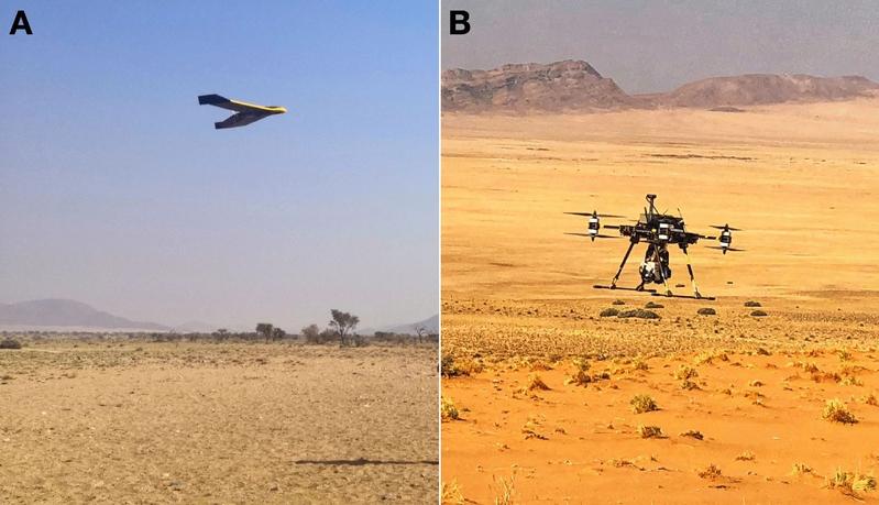 A: Fixed-wing system for the rapid acquisition of photogrammetric data as basis for digital surface models.  B: Multi-rotor system for hyperspectral imaging