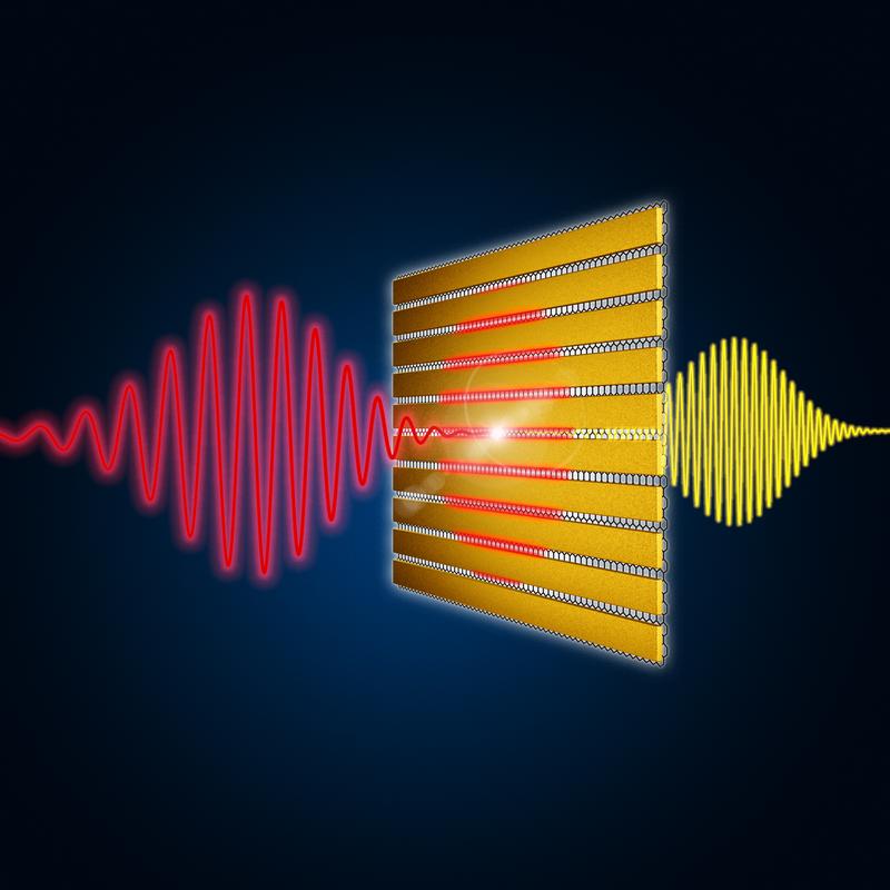 Hauchdünne Goldlamellen sorgen für eine drastische Verstärkung der eintreffenden Terahertz-Pulse (rot) in der darunterliegenden Graphenschicht und ermöglichen so eine effiziente Frequenzvervielfachung.