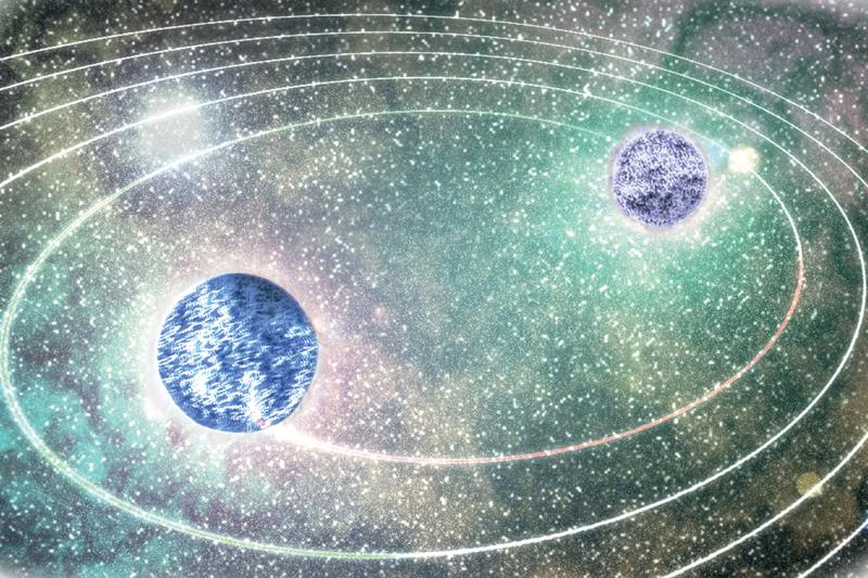Künstlerische Darstellung zweier sich umkreisender Neutronensterne kurz vor der Kollision.