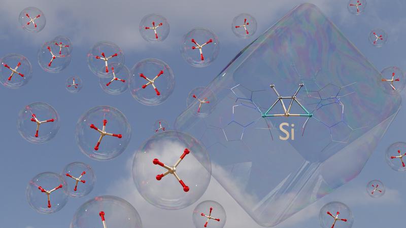 3D-Darstellung eines der neuen Moleküle. In den kugelförmigen Seifenblasen sind zum Vergleich Silikat-Ionen in Tetraeder-Form zu sehen. 