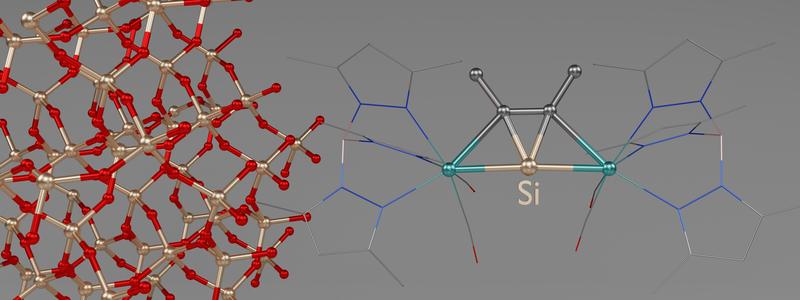 3D-Darstellung eines der neuen Moleküle. In der linken Bildhälfte ist ein Ausschnitt aus der Kristallstruktur eines Quarzkristalls mit tetraedrisch umgebenen Siliziumatomen zu sehen.