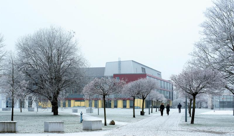 Laborgebäude der Therapiewissenchaften, der Biotechnologie, Elektrotechnik und Materialchemie auf dem winterlichen BTU-Campus in Senftenberg.