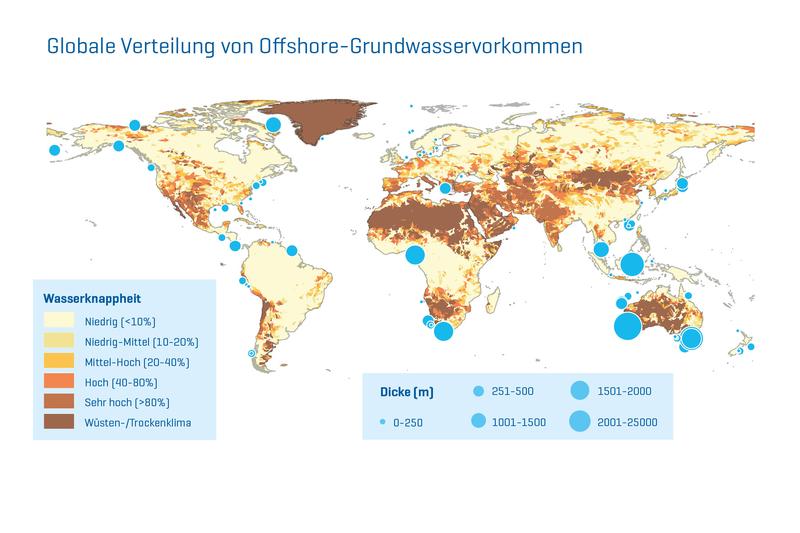 Die Karte gibt einen Überblick über Offshore-Grundwasservorkommen weltweit, bei denen die Mächtigkeit der wasserführenden Schicht bekannt ist. 