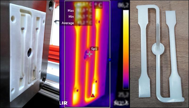 Bild: Das Bild zeigt einen additiv gefertigten Spritzgussformeinsatz (links), die Erprobung (Mitte) und einen damit hergestellten Prototyp, eine sogenannte Zugprobe (rechts).