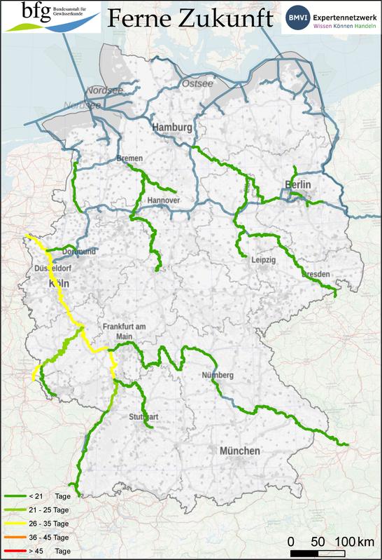 Niedrigste berechnete Auftrittshäufigkeiten pro Jahr von Niedrigwasserereignissen an Bundeswasserstraßen im Zeitraum 2071–2100 bei Annahme geringer Erfolge im Klimaschutz.   