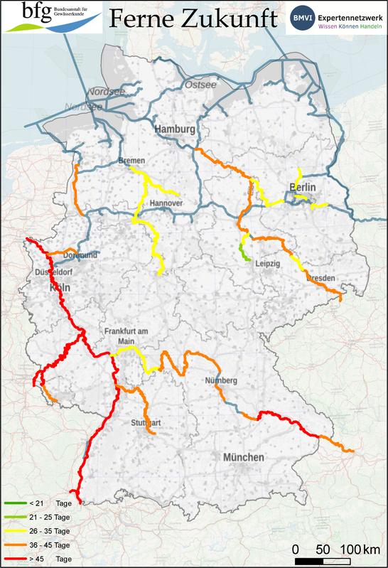 Höchste berechnete Auftrittshäufigkeiten pro Jahr von Niedrigwasserereignissen an Bundeswasserstraßen im Zeitraum 2071–2100 bei Annahme geringer Erfolge im Klimaschutz.   