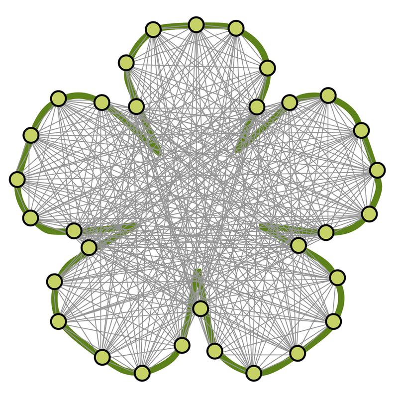 Darstellung des Sichtbarkeitsgraphen einer Blütenform. Auf der Kontur (grün) sind Knoten in gleichmäßigen Abständen angeordnet, die über Kanten miteinander verbunden sind, wenn diese nicht die Kontur berühren oder schneiden.