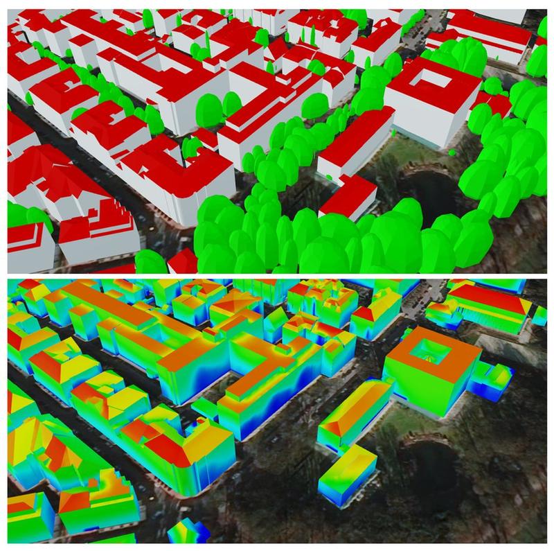 Small-scale analyses of the solar potential don’t just consider the buildings and their surfaces in the modelling but also the immediate surroundings. Here we clearly see the impact on the potential energy yield when buildings are shaded by nearby trees.