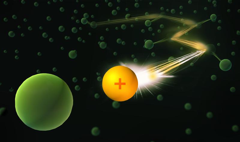 Künstlerische Darstellung des Wegs des positiv geladenen Ions (gelb) durch das Bose-Einstein-Kondensat (grün).