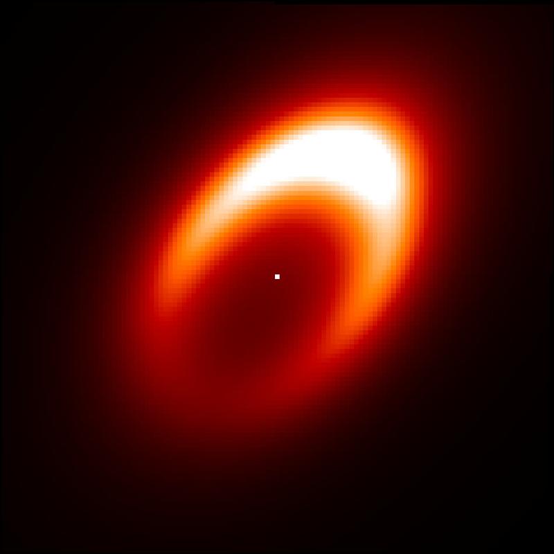 Schematischer Anblick des Wirbels um einen möglicherweise gerade entstehenden Exoplaneten um HD 163296. Der helle Bereich oben rechts zeigt ein Gebiet mit warmem Staub und Granulat mit hoher Wahrscheinlichkeit für die Bildung eines neuen Planeten. 
