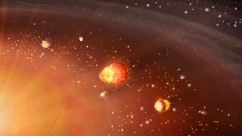 Die inneren terrestrischen Protoplaneten bilden sich früh und bilden Eisenkerne. Die Planeten des äusseren Sonnensystems bilden sich später und weiter.