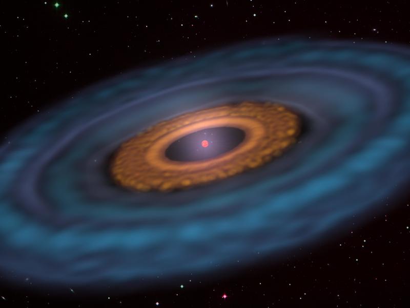 Künstlerische Darstellung einer planetenbildenden Scheibe aus Staub und Gas um einen sehr massearmen Stern (VLMS).