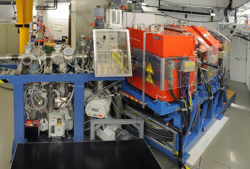 The TASCA recoil separator at GSI Darmstadt: The calcium beam from the UNILAC accelerator passed through the beamline visible on the left of the image to the target area (center of image) where nuclear fusion leading to flerovium production took place.